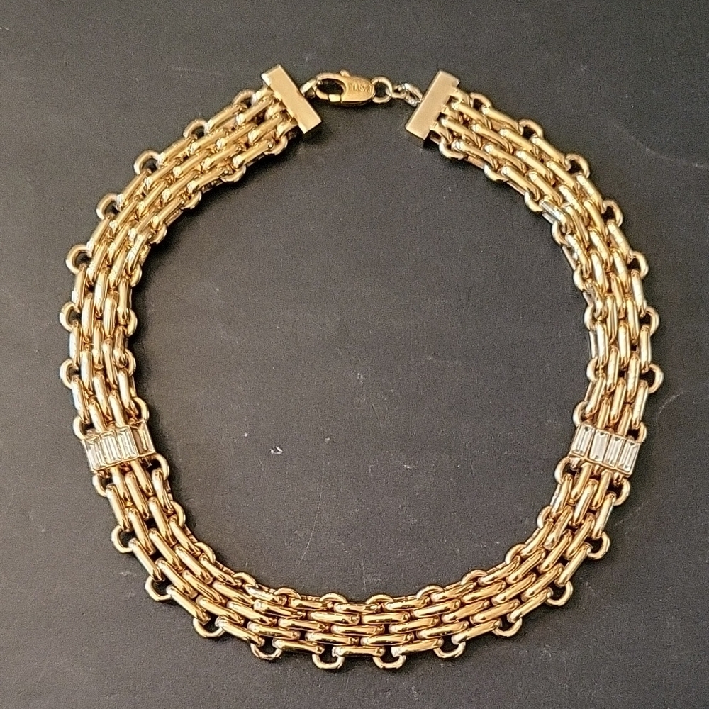 Gold-tone Triple-Row Chain Necklace, Polished Finish & Crystal Baguette Accents